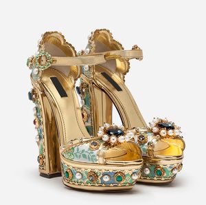 2021 Ladies diamond Pearl embroider CM Chunky high heel SANDALS CM flatform open peep toes European American palace SHOES blue