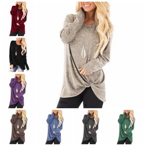 Women Solid Long Sleeve Shirts Knotted T-shirts Twist Casual Irregular Blouse Fashion Loose Tops European America Tank Women Clothes D6998