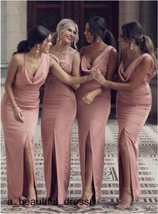 Sexig sjöjungfru ärmlös rosa ärmlös sida split lång brudtärna dressese party prom klänningar skräddarsydda formella klänningar