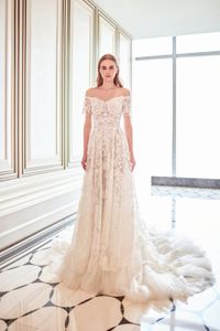 Abiti da sposa con spalle scoperte Abito da donna con strascico staccabile Abiti da sposa Abiti da sposa Abito da festa con applicazioni in pizzo Gonna rimovibile con perline