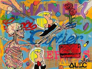 Alec Monopoly Graffiti Handcraft Oil Painting on Canvas,"Skeletons and flowers" home decor wall art painting,24*32inch no stretched