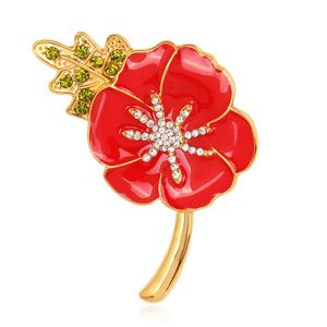 Poppy Flower Brosch Event Party Supplies Fashion Red Shape Enamel Brosch Rhinestone Leaf Collar Lapel Badge Pin
