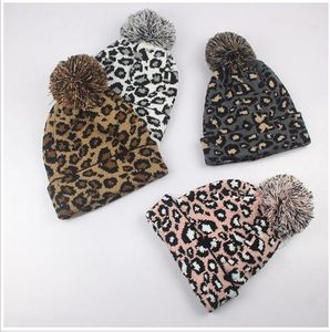 Baby Leopard Knitted Cap Fashion Girl Winter Warm Large Pompon Hat Kids Solid Color Beanie Ski Cap Head Warmer Snow Cap Birthday Gift LT1319
