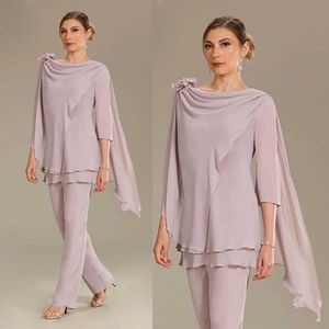 2020 Ursula Mother of the Bride Pant Suits Chiffon Long Sleeve Ruffles Wedding Guest Dress Plus Size Women Formal Outfit