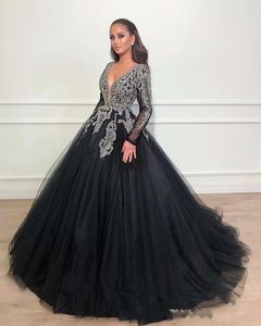 Beaded Black Applique Prom Dresses Sexy Deep V Neck Long Sleeves Tulle Floor Length A Line Evening Ball Gown Plus Size