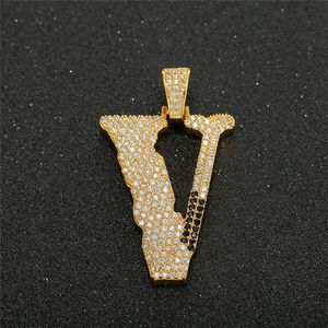 Luxus Designer Hip Hop Schmuck Damen Halskette Iced Out Diamant Buchstabe V Halskette Anhänger mit Seilkette