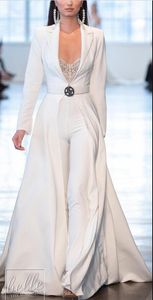 soirée Pantolon Suits Parti Elbise de Berta 2019 Beyaz Gelinlik Tulumlar Uzun Kol Saten ile Uzun ceketler Abiye Giyim Artı boyutu elbiseler