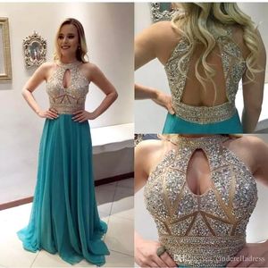 Turquoise Prom Sexy Jewel Neck Beads Crystals Rhinestone Open Back Sweep Train Chiffon Formal Dresses Evening Wear Vestidos De Fiest