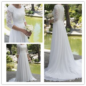 Noiva elegante novo laço chiffon modesto vestidos de noiva de praia com mangas colher vestido de recepção nupcial