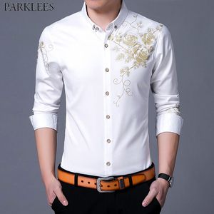 Golden Rose Flower Print Dress Shirt Men 2020 Mode Ny Slim Fit Långärmad Chemise Homme Casual Button Down Shirt Man Vit