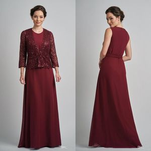Burgundy mor till bruden klänningar med sequined jacket juvel nacke långärmad mödrar klänning golv längd bröllop gästklänningar anpassad