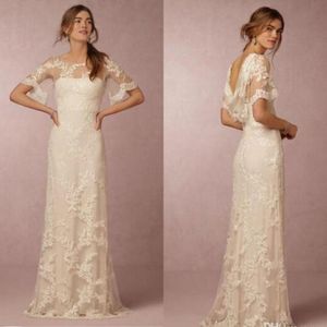 Summer Lace Wedding Dresses 2020 with Sleeves Bridal Gowns Cheap New Arrival Cowl Back Illusion Boatneck Mermaid Beach Wedding Gowns