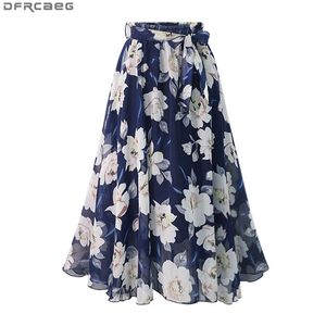 New Plus Size Women Chiffon Skirt Europe Fashion Bow Saia Midi Lining Jupe Femme Lace Up Falda Mujer Summer Print Floral Skirts MX190714