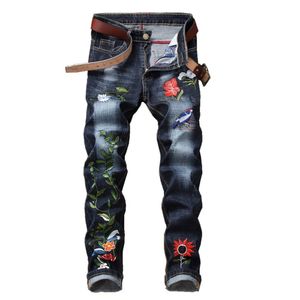 2018 novo hip hop famoso flor Jeans bordados em linha reta Slim Fit Mens calças Impresso motociclista Denim Calças de brim