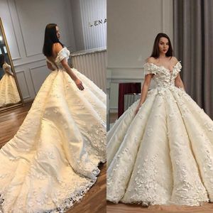 Luxury Ball Gown Wedding Dresses Off Shoulder 3d Appliqued Bridal Gowns With Cathedral Train Plus Size Dubai Arab Formal Wedding Dress Cus