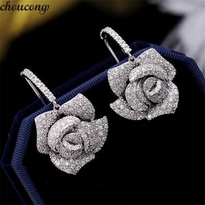 Choucong Çiçek şekli Bırak küpe Açacağı ayar 5A zirkon 925 Ayar gümüş Düğün Dangle Küpe kadınlar için Parti takı