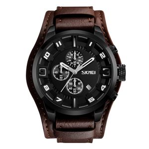 SKMEI Quartz Watch 3ATM Water-resistant Men Watches Man Genuine Leather Calenda Stopwatch Wristwatch Male Relogio Musculino