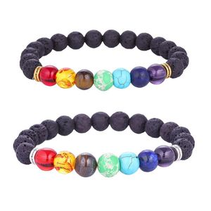 Mode Naturlig Lava Rock armband 7 chakra sten charm eterisk olja Diffuser pärlor kedja Armring För kvinnor Män handgjorda smycken Bulk