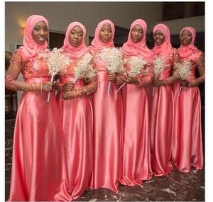 Korall muslim bröllop brudtärna klänningar sheer långärmad spets applikationer piga av ära klänningar pärlor hijab bröllop gästklänning q64
