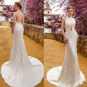 Sexig sjöjungfru bröllopsklänning Billiga High-nacke Ärmlös 3D Blomman Applique Lace Bridal Dress Sweep Train Beach Custom Made Vestidos de Novia