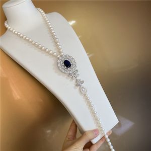 Gioielli moda donna micro accessori in zirconi intarsiati 8-9mm collana di perle d'acqua dolce bianche catena maglione 47 + 25 cm di lunghezza