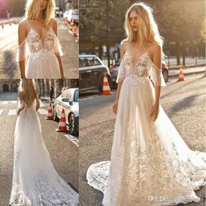 Novo Gali Karten uma linha vestido de casamento espaguete laço apliques ilusão sexy boho vestidos de noiva beads backless vestidos de noiva feito sob encomenda