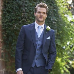 Handsome One Button Navy Blue Wedding Groom Tuxedos Peak Lapel Groomsmen Men Suits Prom Blazer (Jacket+Pants+Vest+Tie) NO:2105