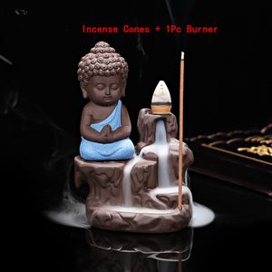 10Pcs Incense Cones + 1Pc Burner The Little Monk Small Buddha Censer Ceramic Waterfall Backflow Incense Burner Holder Home Decor