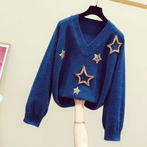 New Korean V-collar Pentagonal Sequins Sweater Women Mink-like Velvet Knitted Sweaters Girls Leisure Winter Knitting Pullover