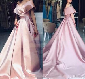 Elegant en linje rosa lång av axel v hals veck golvlängd formella aftonklänningar kläder de soire kaftan vestidos