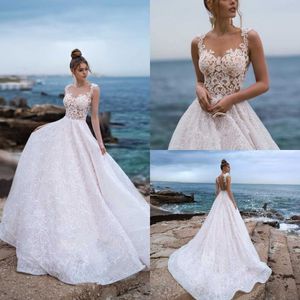 Illusion Beach Wedding Dresses Sexy Lace Applique Plus Size Bridal Gowns A Line Scoop Neck Sleeveless Wedding Dress