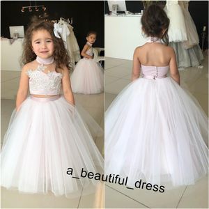 Flower Girl Dresses para o casamento Pouco Pageant Girls Dress vestido de baile de tule Appliqued frisada Two Birthday Party Pieces Comunhão Wear FG1259