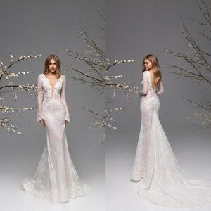 2021 Eleganckie suknie ślubne V Neck Długie Rękawy Backless Suknie Ślubne Custom Made Lace Aplikacje Sweep Pociąg Syrenka Suknia Ślubna