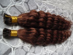 Mongolian Kinky Curly Virgin Keratin Hair 200s Keratin Fusion Pre Blonded Human Hair Extensions # 33 Mörk Auburn Brown Gratis frakt 18 