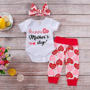 Nyfödda baby set pojkar flickor glad mödrar dag bokstav tryck bodysuit+byxor+fjärils-knot pannband outfit småbarn kläduppsättning