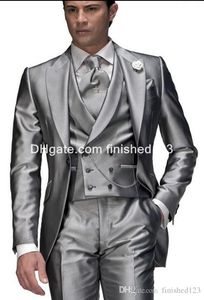 Glänsande Silver Grå Brudgum Tuxedos Man Business Suit Prom Party Blazer Coat Waistcoat Torris uppsättningar (Jacka + Byxor + Tie + Vest) K900