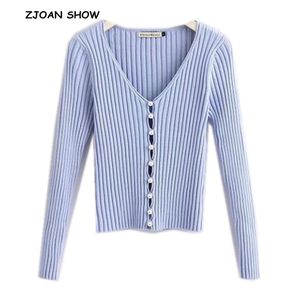 2019 Wiosna Nowy Stylowy Dzianie Pojedyncze Breastted Pearl Sweter Sweter Kobieta Głębokie V-Neck Długi Rękaw Zwolenie Kleding Jersis S19802