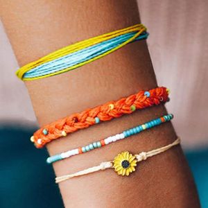 4 PCS Zestaw Nowy Handmade Daisy Charm Say Beads Braid Rope Vsco Girl Friendship Bransoletka Boho Regulowany Kolorowe Szczęście Biżuteria Prezent Dla Dziewczyn