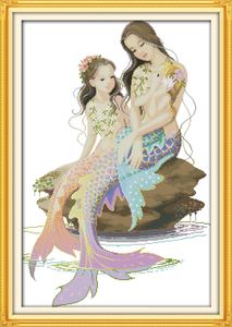 Die kleine Meerjungfrau und ihre Mutter, Dekorgemälde, handgefertigte Kreuzstich-Stickerei-Sets, gezählter Druck auf Leinwand, DMC 14 CT/11 CT