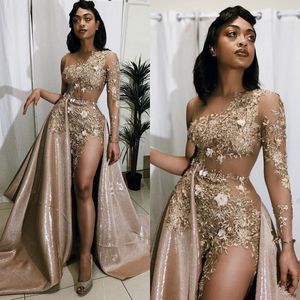Side Split 2020 Prom Dresses Sexy Arabic Gold Lace Beaded Long Sleeve Evening Wear Party Gown Robe De Soiree