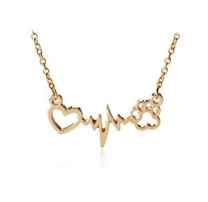 Fashion Lovely Heartbeat Heart Paw Necklace With Chain Footprint Gold Silver Plated Cute Animal Print Love Jewelry Gift
