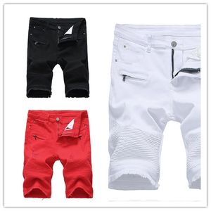 Neu eingetroffene Herren-Designer-Biker-Jeans, plissierte, zerrissene Herren-Jeans-Shorts, Fünf-Punkt-Stretch, gerade Motorrad-Löcher, Hosen, US-UK-Größe 28–42