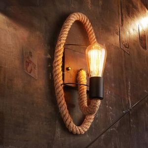 Amerikanska Retro Runda Rope Hamp Rope Edison Bulb Vägg Ljusgång Balkong Trappor Bar Kaffebutik Wandlamp Iron Wall Art Vägglampa Myy