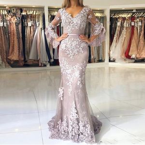 Plus Sizes Elegant Long Mermaid Prom Dress V-neck Poet Long sleeve Lace robe de soiree Islamic Dubai Saudi Arabic Long Formal Evening Gown