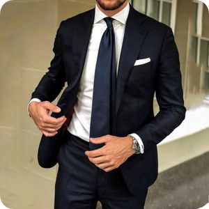 New Fashion Dark Blue Groom Tuxedos Excellent Notch Lapel Slim Fit Groomsmen Blazer Men Formal Suit Party Prom Suit(Jacket+Pants+Tie) 1280