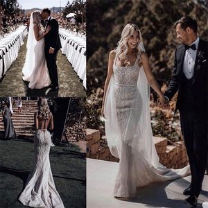 Glitter Mermaid Gelinlik Spagetti Kayışı Kolsuz Aplike Dantel Sequins Gelin Elbise Seksi Backless Sweep Tren Vestidos De Novia