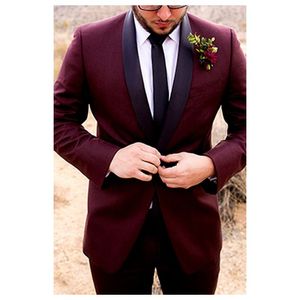 Bordo Düğün Smokin Damat 2019 için Bir Düğme Şal Yaka Custom Made Örgün Erkekler Suits İki Adet