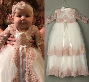 2019 3/4 de Manga Longa Vestidos de Baptizado Para O Bebê Meninas Lace Appliqued Beads Baptism Vestidos Com Bonnet Primeiro Vestido de Comunicação