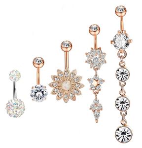 5pcs/set Ball Flower Cute Zircon Crystal Body Jewelry Stainless Steel Rhinestone Navel & Bell Button Piercing Rings for Women Gift