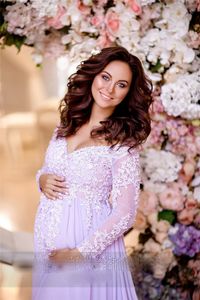 Modest Long Sleeves Maternity Evening Dresses Lace Appliques Empire Pregnant Prom Gowns Front Slit Chiffon Woman Dress